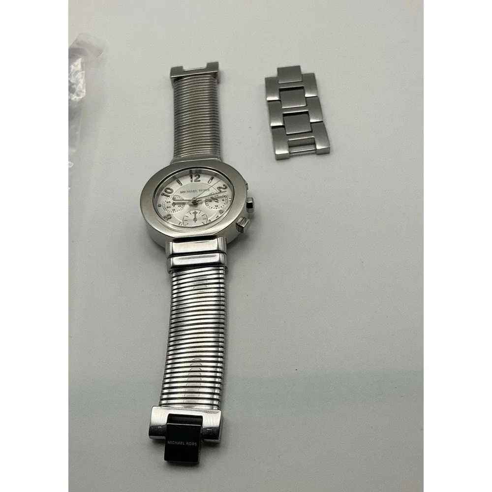 Michael Kors Silver Tone Chronograph Stretch Bracelet Watch Extra Links